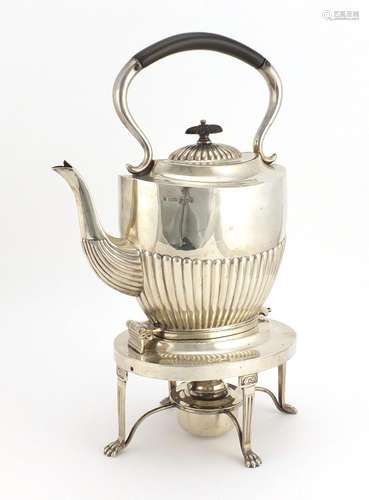 Silver demi fluted teapot on stand with burner, by Pinder Brothers, Sheffield 1920, 37cm high,