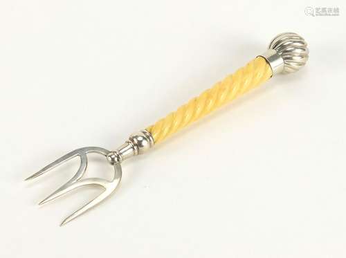 Silver fork with turned ivory handle by George Unite, Birmingham 1906, 18.5cm in length : For