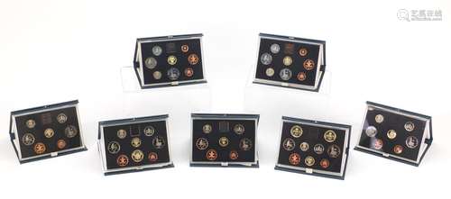 Five United Kingdom proof coin collections with boxes, 1983, 1984, 1985, 1986, 1987, 1998 and 1999 :