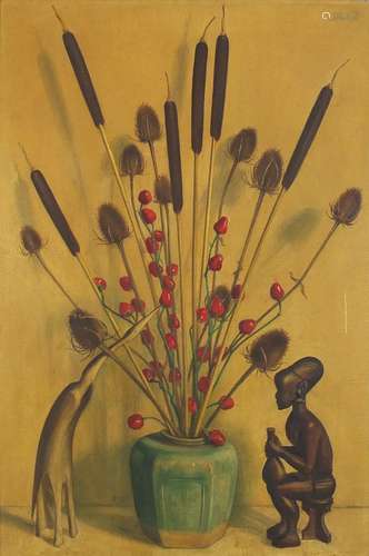 Eric Munro Agnew - Bulrushes, red berries and African figure, signed oil on canvas, framed, 76cm x