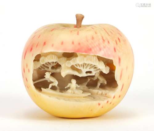 Japanese stained ivory apple internally carved with fisherman, 4cm high : For Further Condition