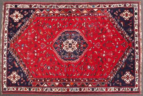 Persian Shriaz red and blue ground rug, decorated with birds and geometric design, 310cm x205cm :