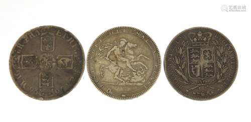 Three British silver crowns comprising William III 1696, George III 1819 and Victoria Young Head