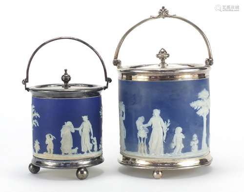 Two Wedgwood Jasper Ware biscuit barrels with silver plated mounts and swing handles, the largest