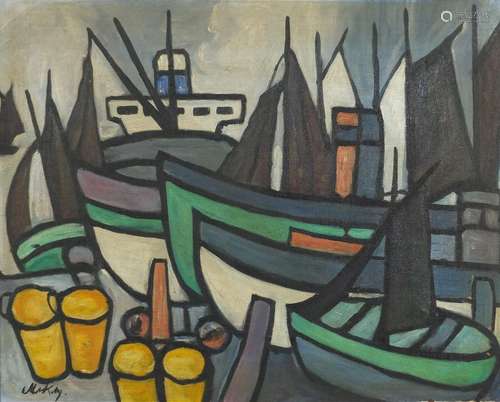 Moored boats, Irish school oil on board, bearing a signature Markey, framed, 49cm x 39cm : For