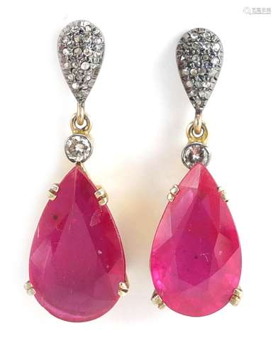 Pair of 14ct gold ruby and diamond tear drop earrings, 3.5cm in length, approximate weight 7.5g :