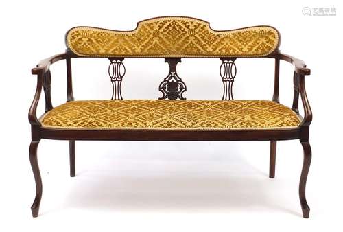 Edwardian mahogany salon settee with gold floral upholstery, 122cm wide : For Further Condition