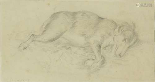 George Chinnery - Sleeping hounds, pencil drawing, mounted and framed, 27.5cm x 14.5cm : For Further