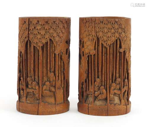 Pair of Chinese bamboo brush pots, carved with figures, each 20cm high : For Further Condition