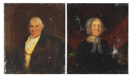 Male and female in formal, top half portraits, pair of Georgian oil on canvases, unframed, each 35cm