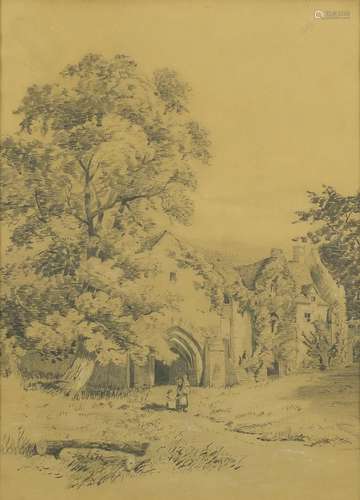 Figures outside of a country house, 19th century pencil and chalk, bearing a monogram EL, framed,