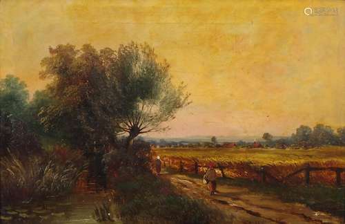 Figures beside corn fields before cottages, 19th century oil on canvas, bearing a signature W. Coor,