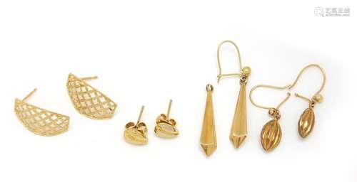 Four pairs of 9ct gold earrings, approximate weight 5.9g : For Further Condition Reports and Live