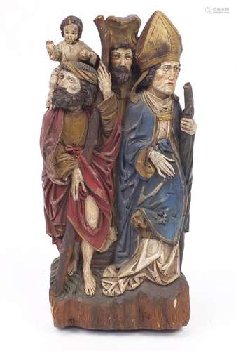 Hand painted religious panel of four figures, 59cm high : For Further Condition Reports and Live