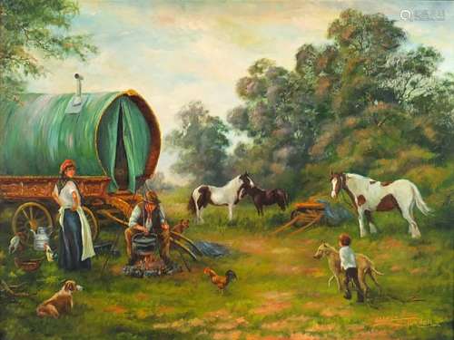 Eileen Blundel - Figures around a stove with horses, dogs and roosters, oil on canvas, mounted and