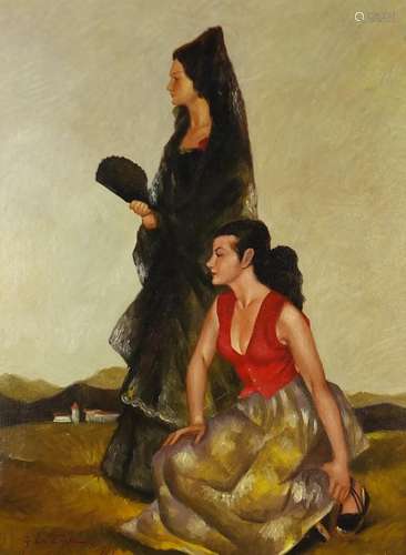 Two figures in a landscape, Italian school oil on board, bearing a signature G LA Touche, framed,