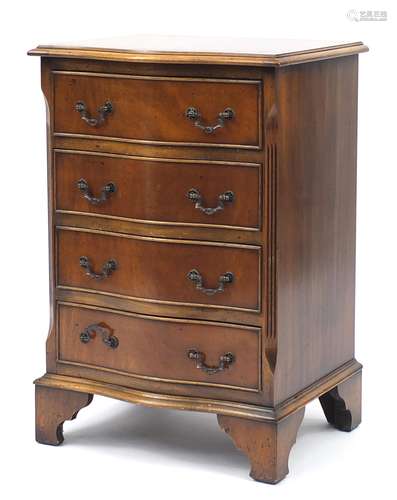 Walnut serpentine front four drawer chest on bracket feet, 72cm h x 49cm W x 40cm D : For Further