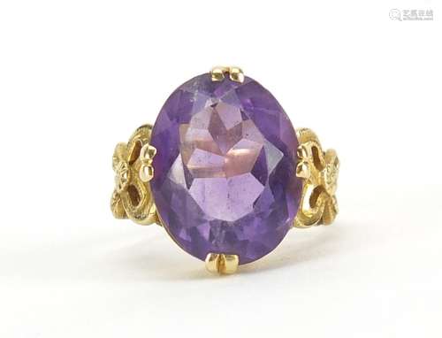 18ct gold amethyst solitaire ring, with bow design shoulders, size F, approximate weight 6.0g :