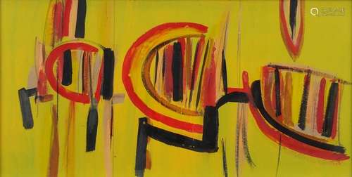 Abstract composition, yellow triptych, St Ives School oil, inscribed verso, framed, 51cm x 25cm :