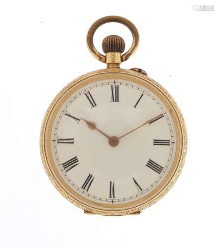 Continental ladies 14ct gold pocket watch with floral chased case, the case numbered 208672, 3.6cm