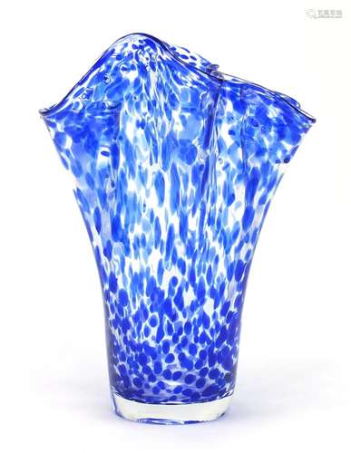 Large glass handkerchief vase with blue splatted decoration, 34cm high : For Further Condition