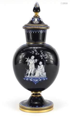 19th century glass vase and cover, enamelled with a classical scene, 37cm high : For Further