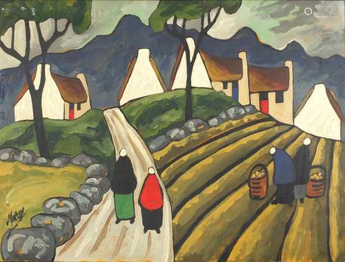 Figures and buildings before mountains, Irish school gouache, bearing a signature Markey, framed,