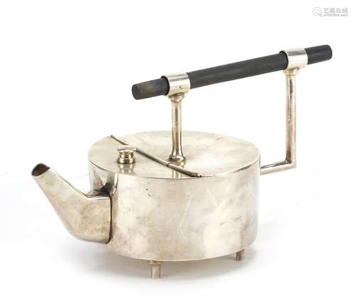 Modernist silver plated teapot in the style of Christopher Dresser with ebonised handle, 13cm high :