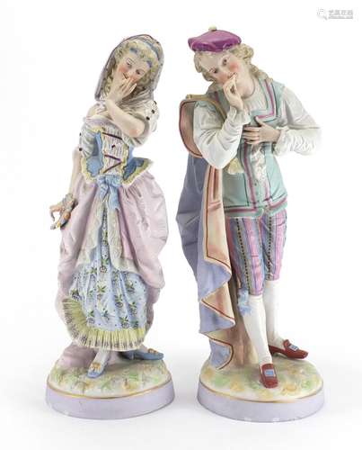 Large pair of 19th century hand painted bisque figures, the largest 46cm high : For Further