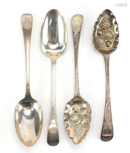 Two pairs of Georgian silver berry spoons and tablespoons, London 1796 and 1810, the largest 21.