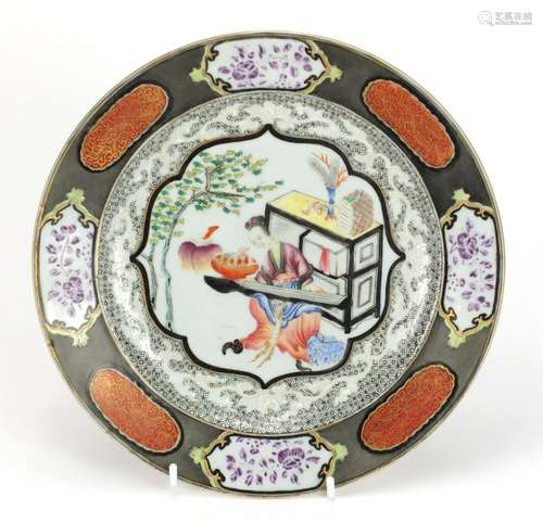 Chinese porcelain plate finely hand painted in the famille rose palette with a musician, 23cm in