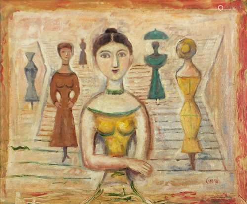 Abstract composition, five figures, Italian school oil on board, bearing a signature Campigi,