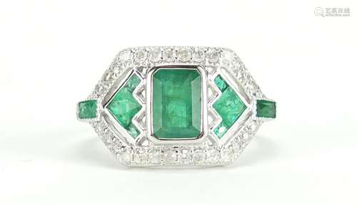 Art Deco style 18ct white gold emerald and diamond ring, size J, approximate weight 2.9g : For