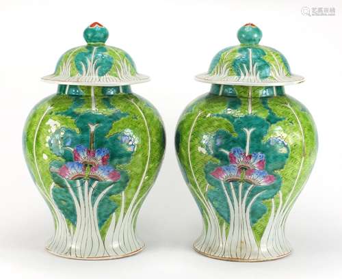 Pair of Chinese porcelain baluster vase and covers, hand painted with cabbage and leaves,