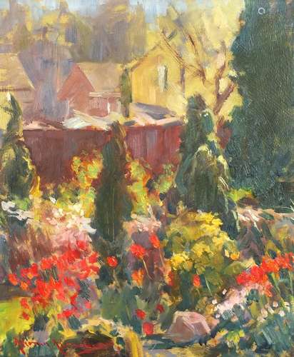 Garden scene, oil on board, bearing an indistinct signature and inscription Altman Alexander