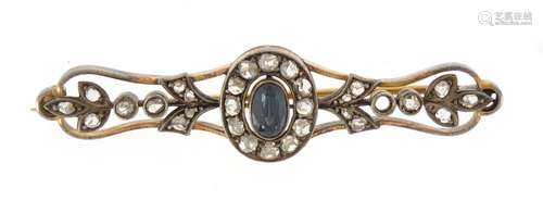 Victorian unmarked gold green stone and diamond bar brooch, 5.7cm in length, approximate weight 8.