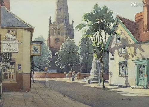 Frank Brown - The White Cat before a cathedral, watercolour, mounted and framed, 34.5cm x 25cm : For