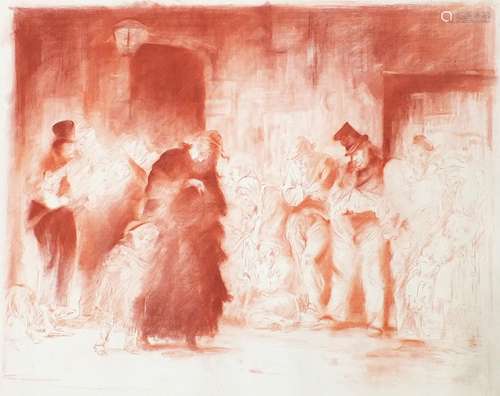 Victorian figures, applicants for admission to a casual ward, sanguine chalk on paper, unframed,