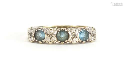 9ct gold blue stone and diamond half eternity ring, size M, approximate weight 2.2g : For Further