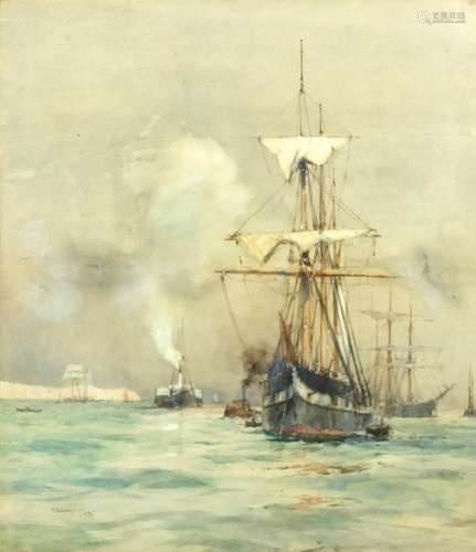 Charles Edward Dickson - Sailing ships, steam ship and other vessels at sea, watercolour, label