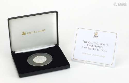 The Queen's Beasts two ounce silver proof five pound coin, with fitted box : For Further Condition