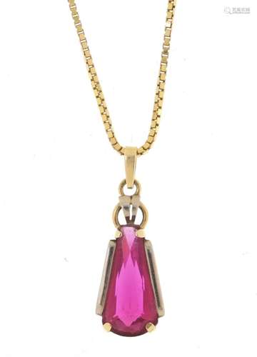 Continental gold pink stone pendant on a 14ct gold necklace, 48cm in length, approximate weight 6.3g