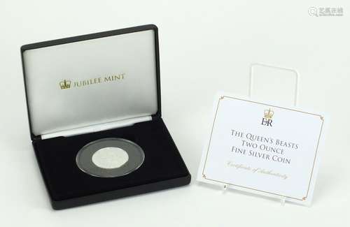 The Queen's Beasts two ounce silver proof five pound coin, with case and box : For Further Condition