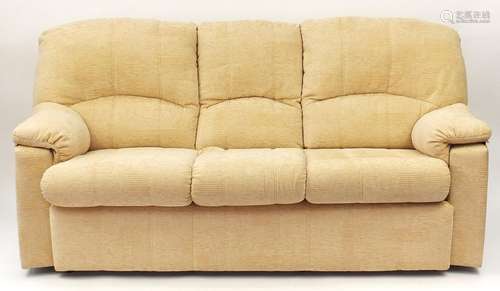 Beige upholstered three seater settee, 210cm wide : For Further Condition Reports and Live Bidding