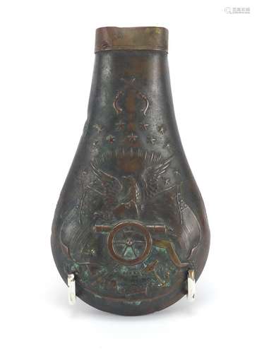 American Civil War embossed copper powder flask, reputedly previously belonging to a Cherokee Indian