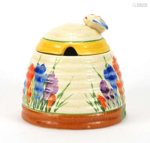 Clarice Cliff Bizarre pottery jam pot and cover, hand painted in the Crocus pattern, 10cm high : For