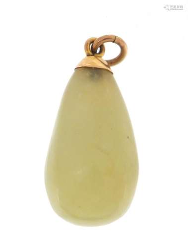 Green jade tear drop pendant with unmarked gold mount, 4cm in length, approximate weight 13.8g : For