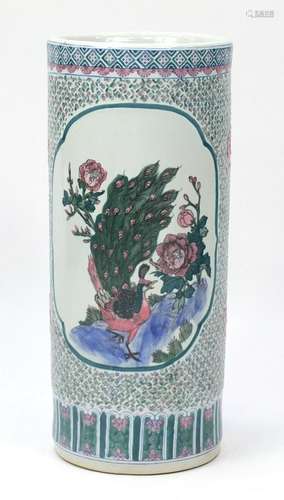 Large Chinese porcelain stick stand decorated with a peacock, 63cm high : For Further Condition