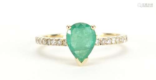 14ct gold emerald and diamond tear drop ring, size L, approximate weight 2.1g : For Further