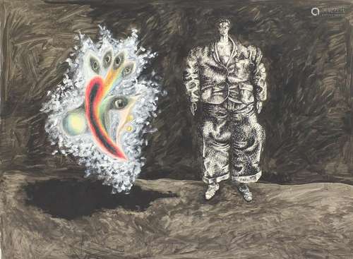 Surreal portrait of a man and a mythical animal, mixed media on paper, bearing an inscription Ally